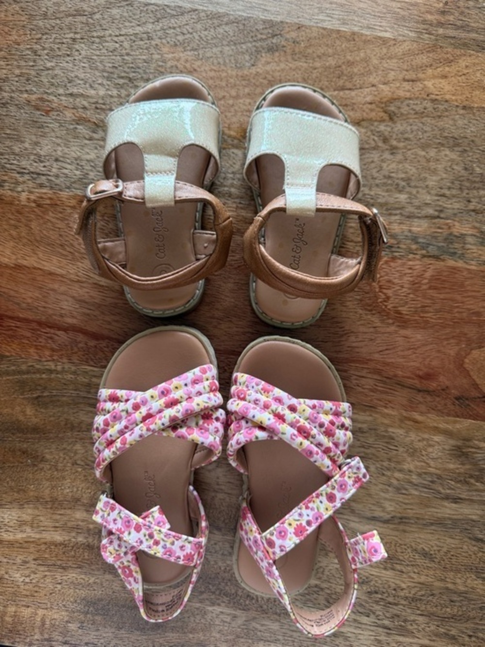 Cat & Jack Metallic Gold Sandals and Pink Floral Strap Sandals - Girls